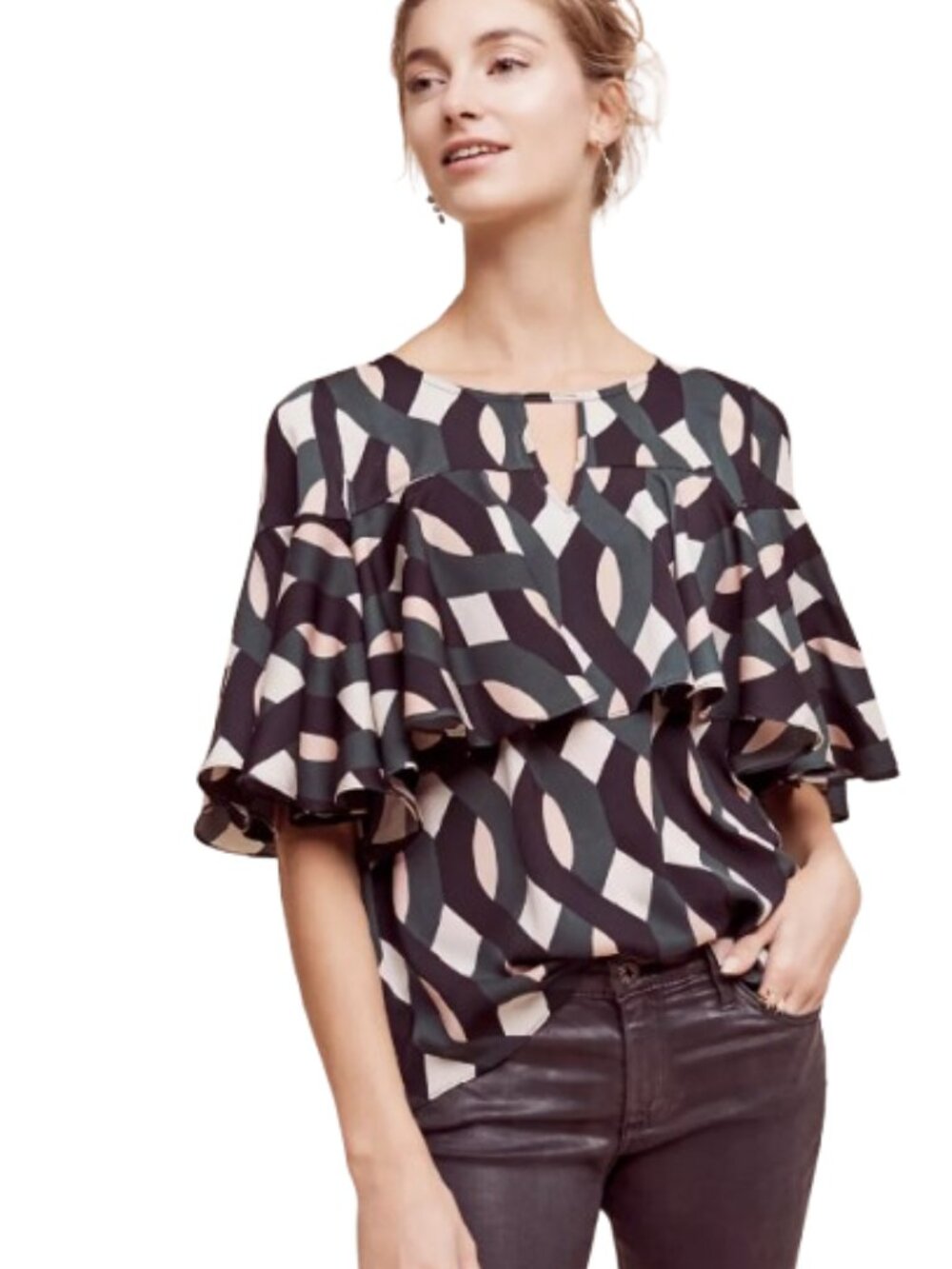 Anthropologie Top Women’s Large Deluna Tiered Blouse Top Black Green Geometric